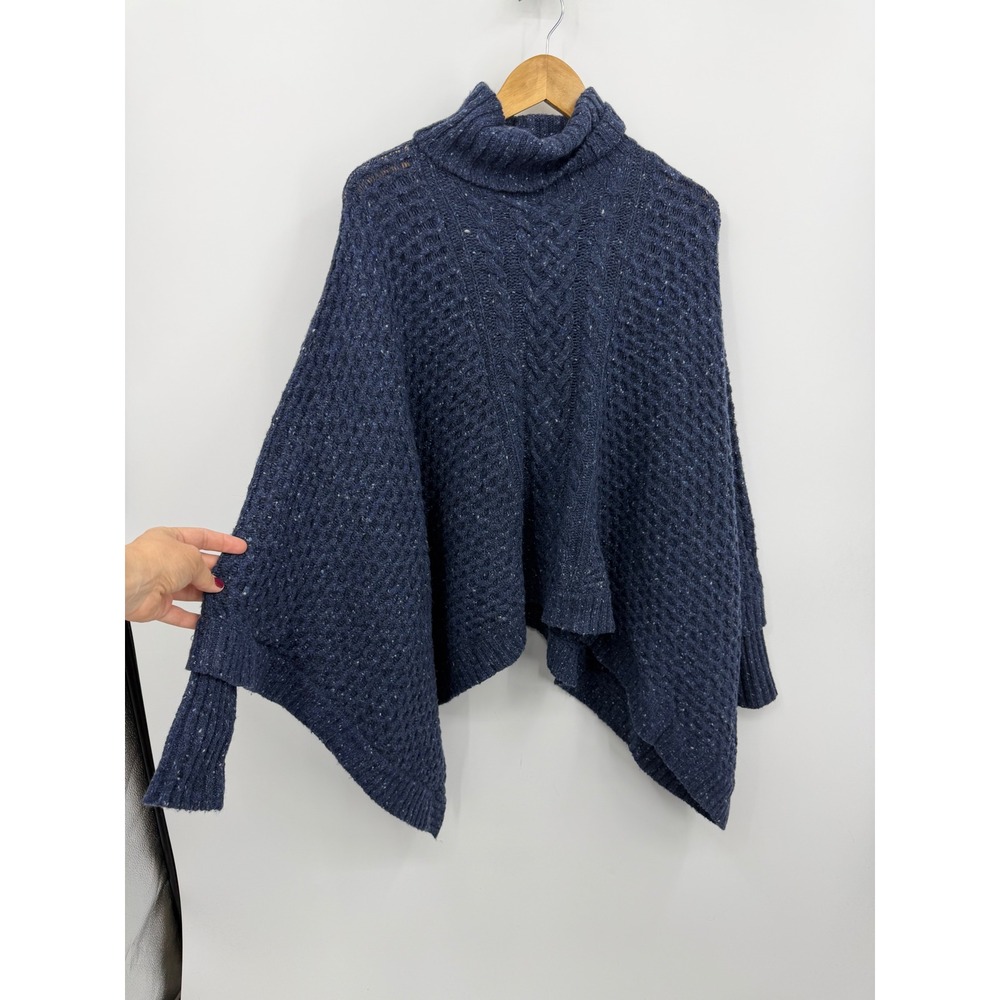 Lands End Cable‎ Knit Poncho Sweater Women OS Blue Merino Wool Alpaca Blend